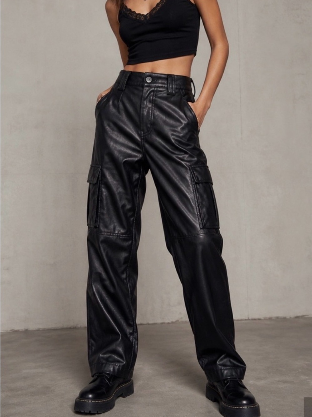 American Eagle Outfitters NWOT Black Faux-Leather Cargo Pants 8